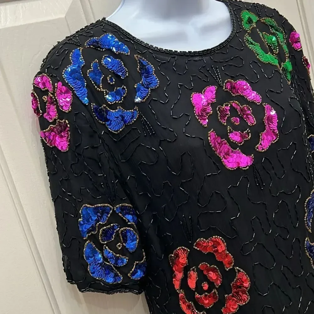 Vintage Stenay Womens Top Sz M Short Sleeve Sequin Beaded Scoop Neck Formal